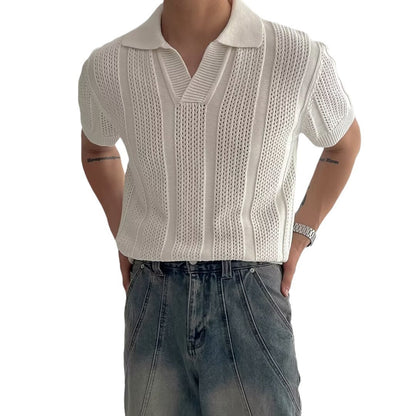 Hollow Mesh Texture Knitted Short-sleeved Polo Shirt T-shirt